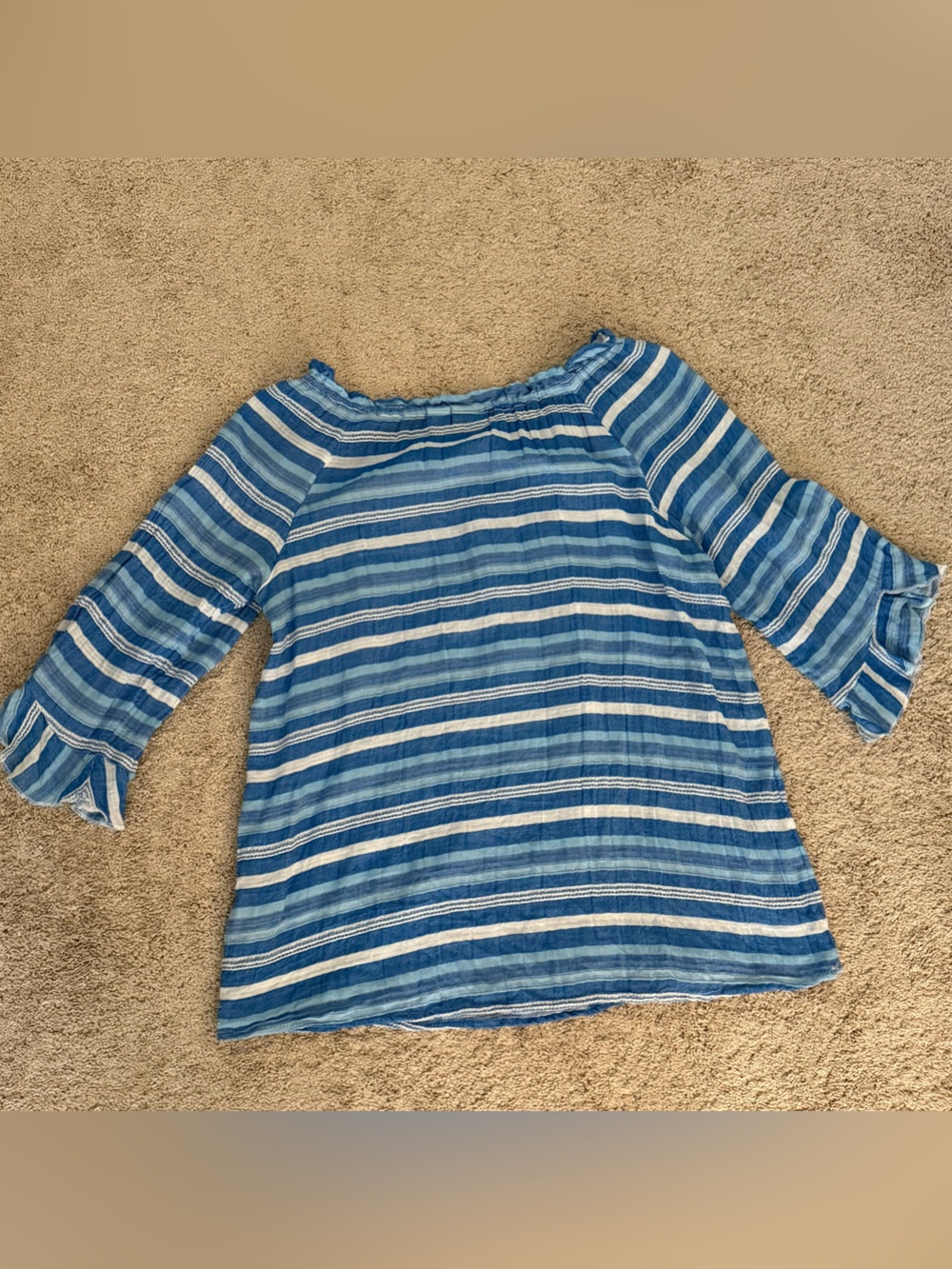 Westbound Women Blue White Striped Boho Peasant Blouse Shirt Top Smocked Ruffle - Picture 8 of 8
